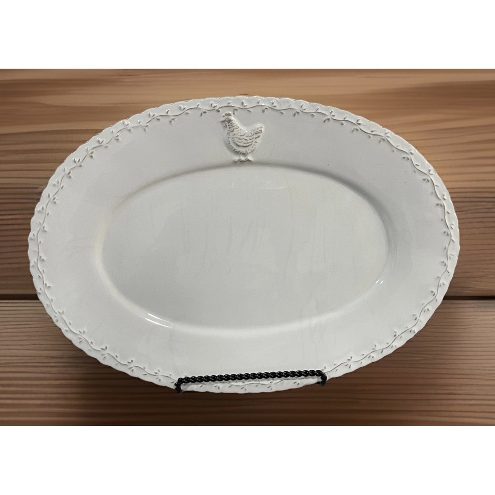 Pfaltzgraff Antiqued Hen Farmhouse Serving Platter Rustic Antique White Retired